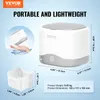 Collage showing a portable ultrasonic cleaner, its dimensions, and an accessory basket. It highlights the product's portability and lightweight nature. Podgląd zdjęcia produktu