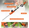 A person is shown in the background using a telescopic hedge trimmer, with various features highlighted with text overlays. Náhled obrázku produktu