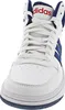 A close-up, front-facing view of a white Adidas high-top sneaker with blue stripes and red branding. Produktbild-Vorschau