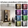 A living room scene with a tall display cabinet and a collage of smaller display cases showing different LED lighting colors. Produktbild-Vorschau