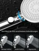 A close-up of a shower head with three different spray modes demonstrated below, with German text describing the modes. Produktbild-Vorschau