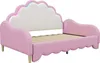 A pink upholstered bed frame with a cloud-shaped headboard featuring LED lighting. Podgląd zdjęcia produktu