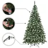 A decorated artificial Christmas tree with pine cones and artificial snow, shown with close-ups of its details and its stand. Produktbild-Vorschau