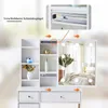 A white vanity table with a mirror and drawers, shown with arrows indicating features and a close-up of a sliding mechanism. Voir les images du produit