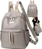 A collage showing a grey backpack and a woman wearing a similar backpack. Podgląd zdjęcia produktu