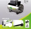 A product image showing a greenhouse heater with dimensions and included accessories. Produktbild-Vorschau