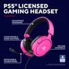 A pink gaming headset with labels pointing out its features against a dark blue background. Podgląd zdjęcia produktu