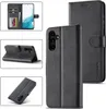 A collage of images showing a black leather flip case for a Samsung Galaxy A34 5G phone, with different angles and views of its features. Produktbild-Vorschau