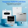 A collage of different models of MEDION mini dishwashers displayed on blue pedestals against a light blue background. Produktbild-Vorschau