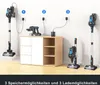 Three cordless vacuum cleaners are shown, two of which are charging on wall mounts, and one is on a charging stand. A cabinet is visible in the background. Produktbild-Vorschau