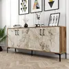 A modern sideboard with a marble-effect front and wooden sides, displayed in a well-lit room with artwork on the wall. Podgląd zdjęcia produktu
