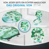 A collage of images showcasing a toilet seat with a daisy pattern, presented from different angles and in different contexts. Produktbild-Vorschau