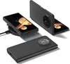 Three views of a black silicone phone case for a foldable smartphone, one on a wireless charger, one open, and one closed. Produktbild-Vorschau