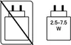 Two icons related to power adapters. The left icon shows a power adapter with a diagonal line through it, indicating it should not be used. The right icon shows a power adapter with a power rating of 2.5-7.5W. Voir les images du produit