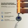 Close-up of an electric towel radiator with a heating element and control panel, featuring feature descriptions. Voir les images du produit