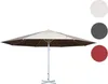 A large outdoor umbrella is displayed against a white background. Three color swatches (white, gray, and red) are shown to the right of the umbrella, suggesting available color options. Produktbild-Vorschau