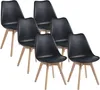 A set of six black dining chairs with wooden legs, arranged in a staggered formation against a white background. Voir les images du produit