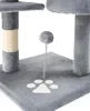 A close-up view of a grey cat tree with a scratching post and a dangling toy. Produktbild-Vorschau