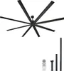 A large black ceiling fan with 8 blades is shown against a white background. Below the fan are three black downrods of varying lengths, a remote control, and a mounting bracket. Anteprima dell’immagine prodotto