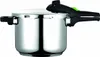 A stainless steel pressure cooker with a black lid and handle, set against a white background. Náhľad obrázku produktu