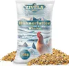 A bag of chicken feed with a winter scene and a chicken illustration, surrounded by spilled feed. Náhľad obrázku produktu