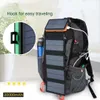 A solar-powered backpack with multiple solar panels and a water bottle attached. Náhled obrázku produktu