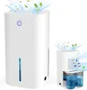 Two white dehumidifiers are shown, one larger and one smaller, with blue water tanks. Both are depicted with stylized blue air currents and green leaves emanating from the top, suggesting air purification or dehumidification. Produktbild-Vorschau