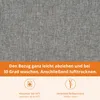 A close-up of grey fabric with text and icons below describing product features. Produktbild-Vorschau