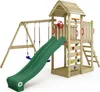 A wooden playground set with a green slide, swings, and climbing wall, presented against a white background. Náhľad obrázku produktu