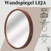 A round wooden mirror with text and icons describing its features. Produktbild-Vorschau