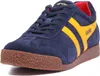 A close-up studio shot of a single blue Gola sneaker with yellow stripes. Produktbild-Vorschau