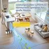 A modern living room and kitchen area with a woman standing at a kitchen counter and a child sitting on a sofa. An air purifier is shown in the foreground with blue air flow graphics. Produktbild-Vorschau
