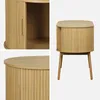 A collage of images showing a wooden cabinet with a slatted door and legs. Produktbild-Vorschau