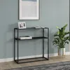 A black console table with two shelves is placed against a light blue wall. There are two framed pictures and a book on the top shelf, and a stack of books on the bottom shelf. A potted plant is to the right of the table.