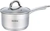 A stainless steel saucepan with a glass lid and a long handle, placed on a white background. Produktbild-Vorschau