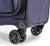 Close-up view of the wheels and lower part of a navy blue suitcase. Anteprima dell’immagine prodotto