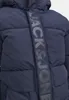 A close-up of a navy blue puffer jacket with the brand name 'JACK & JONES' printed vertically on a strap. Produktbild-Vorschau