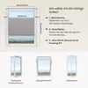 An instructional diagram showing how to measure for a window blind, with examples of different window types. Produktbild-Vorschau