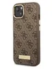 A brown iPhone case with a repeating Guess logo pattern and a gold Guess logo plate. Podgląd zdjęcia produktu