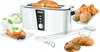 A white toaster with bread products arranged around it, including toast, rolls, and a bowl of what appears to be a spread. Produktbild-Vorschau