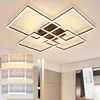 A modern, geometric LED ceiling light fixture with multiple square frames, shown mounted on a white ceiling. The image also includes inset panels demonstrating different light color temperatures and a remote control. Podgląd zdjęcia produktu