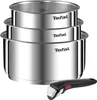 A set of three stainless steel pots and a detachable handle, stacked and displayed against a white background. Produktbild-Vorschau