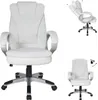 A white office chair is shown from multiple angles, including a close-up of the base and a diagram showing its reclining feature. Produktbild-Vorschau