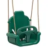 A green child's swing seat with a safety harness, suspended by ropes against a white background. Náhled obrázku produktu