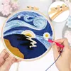 A person's hands are shown holding an embroidery hoop with a "Starry Night" design being created using a punch needle. Produktbild-Vorschau