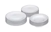 Three stacks of white plates and bowls with gray rims on a white background. Anteprima dell’immagine prodotto