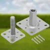 Two metal post bases with screws on a blurred green and blue background. Produktbild-Vorschau