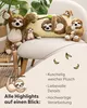 Several plush sloth toys are arranged on a chair, with a decorative pillow featuring a sloth. Text highlights product features. Produktbild-Vorschau