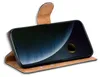 A smartphone in a brown flip case, displayed at an angle. Produktbild-Vorschau