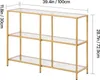 A three-tiered console table with a gold metal frame and clear glass shelves, shown with dimensions indicated by text overlays. Náhľad obrázku produktu